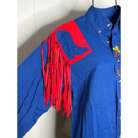 Vintage Handmade Blue‎ Red Western Cowboy Fringe Shirt Boots Horseshoe Button - Picture 2 of 7
